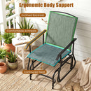 DirectDeals Outdoor Glider Chair with Metal Frame and Armrests on a porch, features labeled: sturdy metal frame, inclined backrest, comfy armrests, contoured seat. Surrounded by plants and patio decor. Text: Ergonomic Body Support.