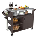 The DirectDeals Outdoor Grill Cart with Storage Cabinet Shelves and Stainless Steel Top-Brown offers space for plates, bowls, wine, glasses, bread, fruit & condiments—ideal as an outdoor grill cart with towel bar and cup holders.
