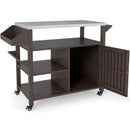 The DirectDeals Outdoor Grill Cart with Storage Cabinet Shelves and Stainless Steel Top-Brown features open shelving, double-door bottom cabinet, two side handles, and four wheels for easy mobility.