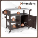 The Outdoor Grill Cart with Storage Cabinet Shelves and Stainless Steel Top-Brown by DirectDeals holds 88 lbs on top, 22 lbs on sides, 77 lbs per lower shelf; overall size: 46”W x 34”H x 35.5”D.
