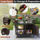 The DirectDeals Outdoor Grill Cart with Storage Cabinet Shelves and Stainless Steel Top-Brown features a towel rack, spice rack, shelves, and a single-door cabinet—perfect for garden gatherings.
