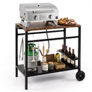 The DirectDeals Outdoor Grill Cart with Stainless Steel Top and Storage keeps utensils on hooks and organizes condiments, wine bottles, and grilling tools on shelves—your perfect BBQ prep station.