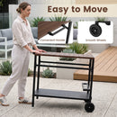 A woman pushes the DirectDeals Outdoor Grill Cart with Stainless Steel Top and Storage. Inset images show the easy-grip handle, smooth-rolling wheels, and stainless steel top. Text reads Easy to Move.