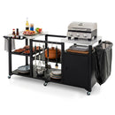 DirectDeals Outdoor Grill Cart with Stainless Steel Tabletop & Cabinet organizes your grill, utensils, plates, bowls, sauces, drinks, food items, and trash bag on sturdy shelves for outdoor cooking.