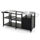 The DirectDeals Outdoor Grill Cart with Stainless Steel Tabletop & Cabinet features shelves, a cabinet, hanging hooks, wheels, and side racks for extra storage and mobility—ideal for outdoor cooking.