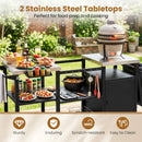 Outdoor kitchen setup featuring the DirectDeals Outdoor Grill Cart with Stainless Steel Tabletop & Cabinet—perfect for serving food and drinks. Its durable, scratch-resistant surface is easy to clean.