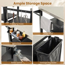 Collage shows DirectDeals Outdoor Grill Cart with Stainless Steel Tabletop & Cabinet: 6 utensil hooks, towel rack, spice rack with bottles, bottle opener in use, black garbage bag holder. Text reads Ample Storage Space & Stainless Steel Tabletop.