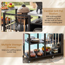 The DirectDeals Outdoor Grill Cart with Stainless Steel Tabletop & Cabinet holds grilling tools, ingredients, and a ceramic grill pot, offering strong load capacity for organized poolside cooking in sunlight.