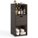 The DirectDeals Outdoor Storage Cabinet Patio Wicker Organizer with Drawer features three shelves for bottles, bowls, and plates, plus a top surface for fruit and a cactus.