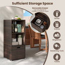 The DirectDeals Outdoor Storage Cabinet Patio Wicker Organizer with Drawer features open shelves for kitchen items and fits drinks, snacks, magazines, gardening tools, and towels—perfect for your patio.
