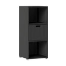 DirectDeals Outdoor Storage Cabinet Patio Wicker Organizer with Drawer features three open compartments, a central pull-out drawer, and four short legs—perfect for patio storage, shown on a white background.