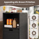 The DirectDeals Outdoor Storage Cabinet Patio Wicker Organizer with Drawer features mix brown PE rattan, a hand-woven look, anti-fading and sunproof design. Store drinks and cups outdoors; avoid rain for longer life.