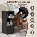 The DirectDeals Outdoor Storage Cabinet Patio Wicker Organizer with Drawer offers stylish black outdoor storage for drinks, snacks, magazines, gardening tools, and towels—perfect for any patio.