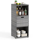 The Outdoor Storage Cabinet Patio Wicker Organizer with Drawer by DirectDeals features three shelves for fruit, plants, bowls, bottles, and dishes—ideal outdoor storage for your patio.