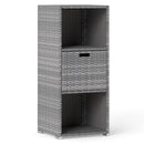 The DirectDeals Outdoor Storage Cabinet Patio Wicker Organizer with Drawer features a tall, gray design with three open shelves, a matching pull-out drawer, and sturdy legs—ideal for stylish outdoor organization.