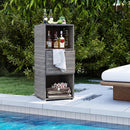The DirectDeals Outdoor Storage Cabinet Patio Wicker Organizer with Drawer sits by the pool, neatly holding bottles, towels, and a plant among greenery; a lounge chair is visible on the right.