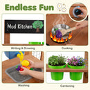 Collage of the DirectDeals Outdoor Wooden Mud Kitchen with Planter Box and Sink: kids write on a chalkboard, cook toy food, wash in the sink, and grow plants. “Endless Fun” text labels each activity.