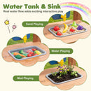 Three images show the DirectDeals Outdoor Wooden Mud Kitchen with Planter Box and Sink: used as a sandbox with toy foods, a water play tray with veggies, and a mud tray for seedlings. Text: Water Tank & Sink—Sand, Water, Mud Play.