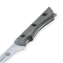 Close-up of the Messermeister Overland Chef Mid-Flex Fillet Knife - 7" handle, featuring a textured gray grip with two screws, attached to a partially visible high-carbon stainless steel blade on a white background for precision.
