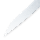 A close-up of the Messermeister Overland Chef Slicer - 9" highlights its pointed, shiny high-carbon stainless steel blade against a plain white background.