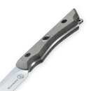 Close-up of the Messermeister Overland Chef Utility Knife - 4.5" handle, featuring a textured gray grip with two screws. The shiny nitro cobalt steel blade displays the Messermeister logo.
