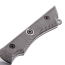 Close-up of the Messermeister Overland Chef Utility Knife - 4.5" handle shows a textured gray layered grip with two screws and a lanyard hole, highlighting its rugged contours and detailed surface—a signature Messermeister design.