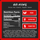 Label for Harmacy Hot Sauce Co. Ox-King Extra Hot Kimchi Sauce 9oz; nutrition facts, vegan, gluten-free, peanut-free icons; superhot peppers & soy allergen in ingredients; bold black/white/red design. Experience fiery fermented heat!.