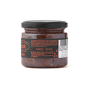 A glass jar of Taycte Famiglia Crispino Explosive Calabrian Hot Chili Peppers - Italian Peperoncini in Extra Virgin Olive Oil, with a black lid and label featuring orange and white text plus a side barcode.