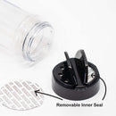 The Spice Lab 12 Pack Plastic Shaker Jars by The Spice Lab are clear plastic containers with black lids and removable inner seals, shown separately. Perfect for organizing and storing spices, these versatile jars keep your seasonings fresh and accessible. An arrow highlights the seal with the label “Removable Inner Seal.”.