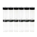 Twelve empty clear plastic shaker jars with black lids from The Spice Lab are arranged in two rows of six against a white background, perfect for efficient spice storage and seasoning organization.