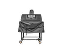 A Smokin Brothers Grill Waterproof Cover SB-024PLUS on wheels, featuring a black protective cover with the Smokin Brothers brand name displayed on the front, offers exceptional weather protection comparable to Premier and Premier Plus Grills.
