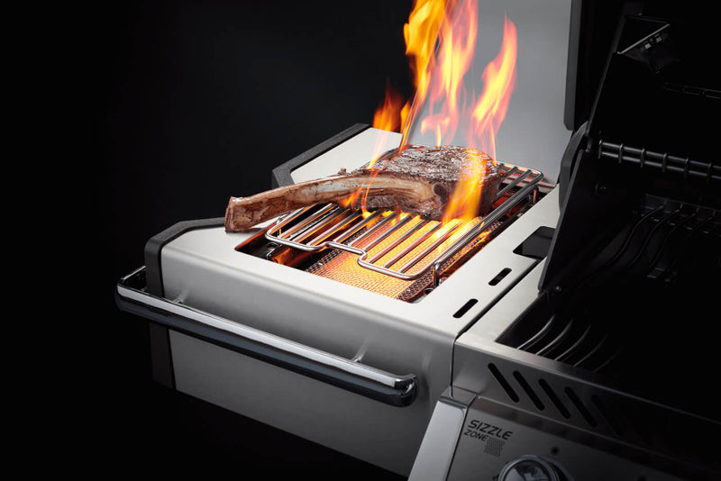 Napoleon Prestige PRO 500 RSIB gas grill with 6 burners, stainless steel body, infrared rear and side burners, and rotisserie kit