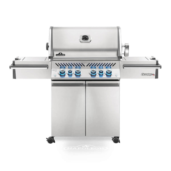 Napoleon Prestige PRO 500 RSIB gas grill with 6 burners, stainless steel body, infrared rear and side burners, and rotisserie kit