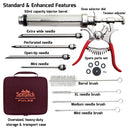 The SpitJack PULSE Meat Injector Kit with Deluxe Case and Four Needles, by SpitJack, is displayed on a white background with clearly labeled parts: the injector barrel, four different needles, a spare parts set, four cleaning brushes, and a red carrying case featuring the SpitJack PULSE logo. Ideal for BBQ enthusiasts who value precision and versatility in their cooking.