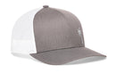 The Haka Hat Palm Tree Trucker Hat by Haka Hat features a gray front and bill, white mesh back, and a small white palm tree graphic on the front left panel. This Gray-White Island Snapback offers a stylish two-tone look.