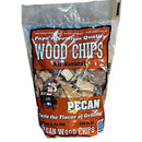 A clear bag of Papa's Brand Pecan Flavor Wood Chips from Papa's Grilling Products delivers sweet smoke for grilling. The packaging shows bold text, a cartoon chef at a grill, and holds 192 cubic inches of all-natural wood chips.