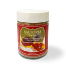 A 4 oz jar of SALTOPIA Infused Sea Salts Paprika & Onion Salt: EUREKA SWEET PAPRIKA features a white lid, red label with images of paprika, onions, and herbs.