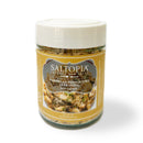 A jar of SALTOPIA Infused Sea Salts labeled "Parmesan Black Truffle Seasoning: GODFATHER" features a gold-colored label, white lid, and an image of pasta with sauce and herbs.