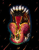 A vibrant illustration of an open mouth with a fiery tongue and flames, set on black with glowing embers. "Harmacy Hot Sauce Co." appears on the tongue, highlighting their Pata del Diablo Extra Hot Tomatillo & Clementine Sauce 9oz.