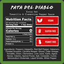 Harmacy Hot Sauce Co.'s Pata del Diablo Extra Hot Tomatillo & Clementine Sauce 9oz label includes nutrition facts, vegan, gluten-free, and peanut-free icons, plus super-hot peppers, tomatillo, clementine, jalapeño, habanero, and red bell pepper.