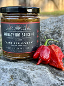 A 9oz jar of Harmacy Hot Sauce Co. Pata del Diablo Extra Hot Tomatillo & Clementine Sauce sits on a rock beside a fresh red pepper, with a blurred outdoor backdrop. The label highlights its extra hot, citrusy flavor profile.