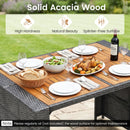The Patio Acacia Wood Dining Set for Home by DirectDeals displays roast chicken, salad, bread, and wine for four. Solid acacia provides natural beauty and splinter-free surfaces—perfect for outdoor entertaining. Maintenance note included.