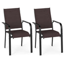 The DirectDeals Patio Dining Chairs Set of 2/4/6 Stackable Outdoor Armchairs features two brown chairs with black metal frames and breathable mesh seats, shown side by side on a white background.
