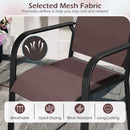 DirectDeals Patio Dining Chairs Set of 2/4/6 Stackable Outdoor Armchairs with breathable mesh seats shown on a patio. White airflow graphics highlight quick-drying, wear-resistant, long-lasting comfort.