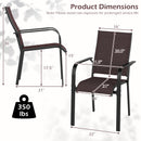 Two views of DirectDeals Patio Dining Chairs Set of 2/4/6 Stackable Outdoor Armchairs in brown with black legs, showing dimensions. 350 lb weight capacity. Avoid rain exposure to extend lifespan.