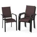 Two brown Patio Dining Chairs Set of 2/4/6 Stackable Outdoor Armchairs by DirectDeals are shown—one chair stands alone, while three identical stackable chairs with black frames and mesh seating are stacked beside it.