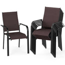 DirectDeals Patio Dining Chairs Set of 2/4/6 Stackable Outdoor Armchairs are shown in brown with black metal frames; one chair stands alone while the rest are stacked for easy storage.