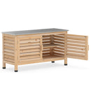 The DirectDeals Outdoor Storage Cabinet with Stainless Steel Countertop features a slatted wood design, open shelving, two doors, black feet, and a light natural finish—ideal for stylish patio storage.