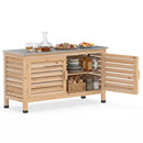 The DirectDeals Outdoor Storage Cabinet with Stainless Steel Countertop features open louvered doors with organized plates, jars, and baskets—plus a sleek top set for serving at your next patio gathering.