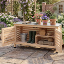 The DirectDeals Outdoor Storage Cabinet with Stainless Steel Countertop offers perfect patio storage for gardening tools, gloves, and pots in a lush garden setting.